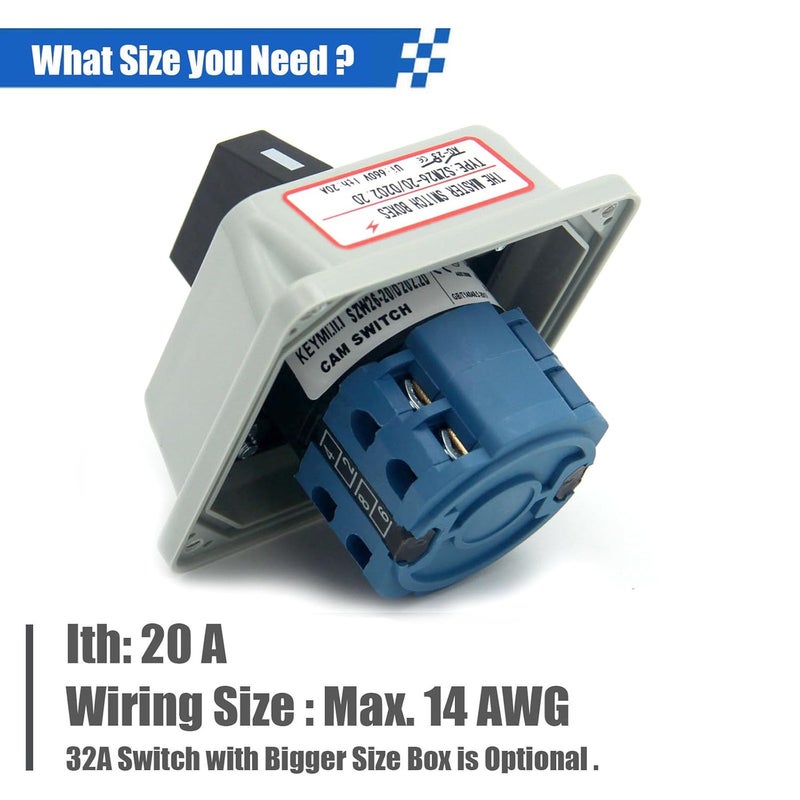 Keymoo 20A Rotary Changeover Switch with Exterior Box, ON-Off-ON 660V Latching Universal Selector Switch, IP65 (3 Positions 2 Poles) - Image 2
